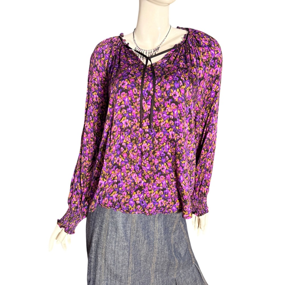 Democracy Womens 1X Purple Floral Tie Neck Smocked Cuff Peasant Blouse Top boho